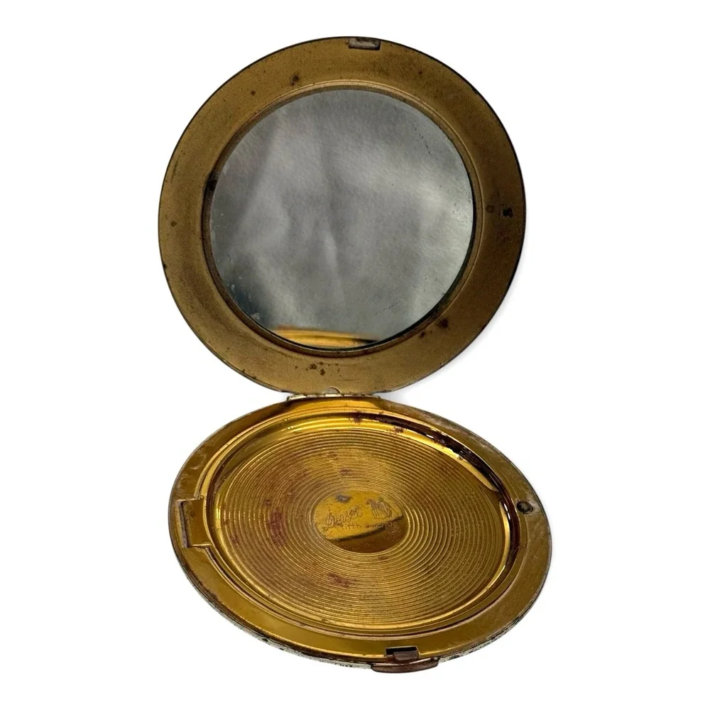 Dorset Fifth Avenue Rhinestone Compact Mirror Gold Tone Striped Round Vintage